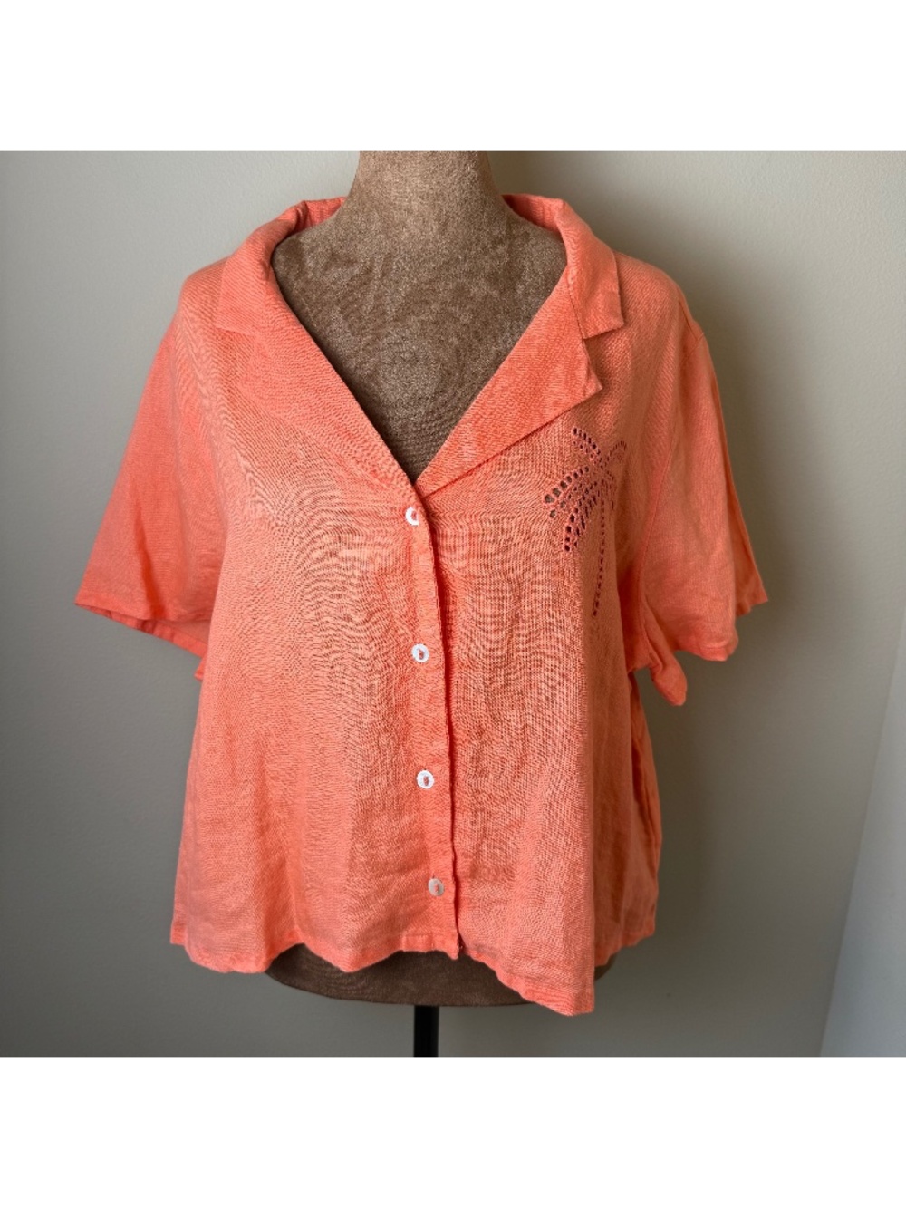 Calypso St Barth 100% Linen Camp Shirt Womens XL Coral Tropical Palm Resortwear